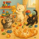 котята веселятся в комнате с игрушками
